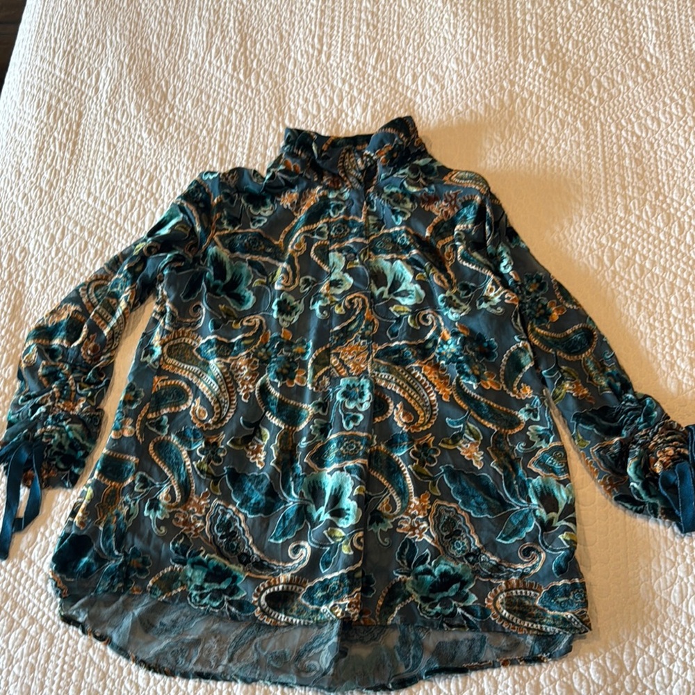 Sharon Young Teal and Gold Floral Blouse